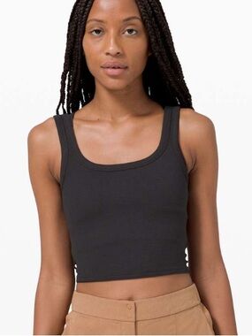 lululemon athletica Black Crop Tank with Tan Trousers